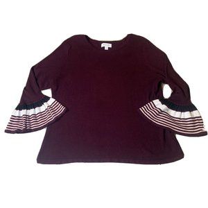 Elle Cable Knit Sweater Women’s Size XXL  2X  Wine Burgundy Flared Strip Sleeves